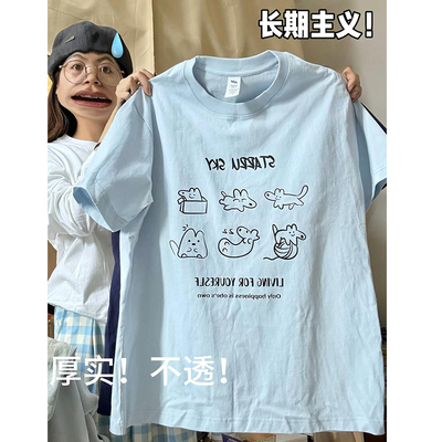日系复古印花纯棉天蓝色短袖t恤