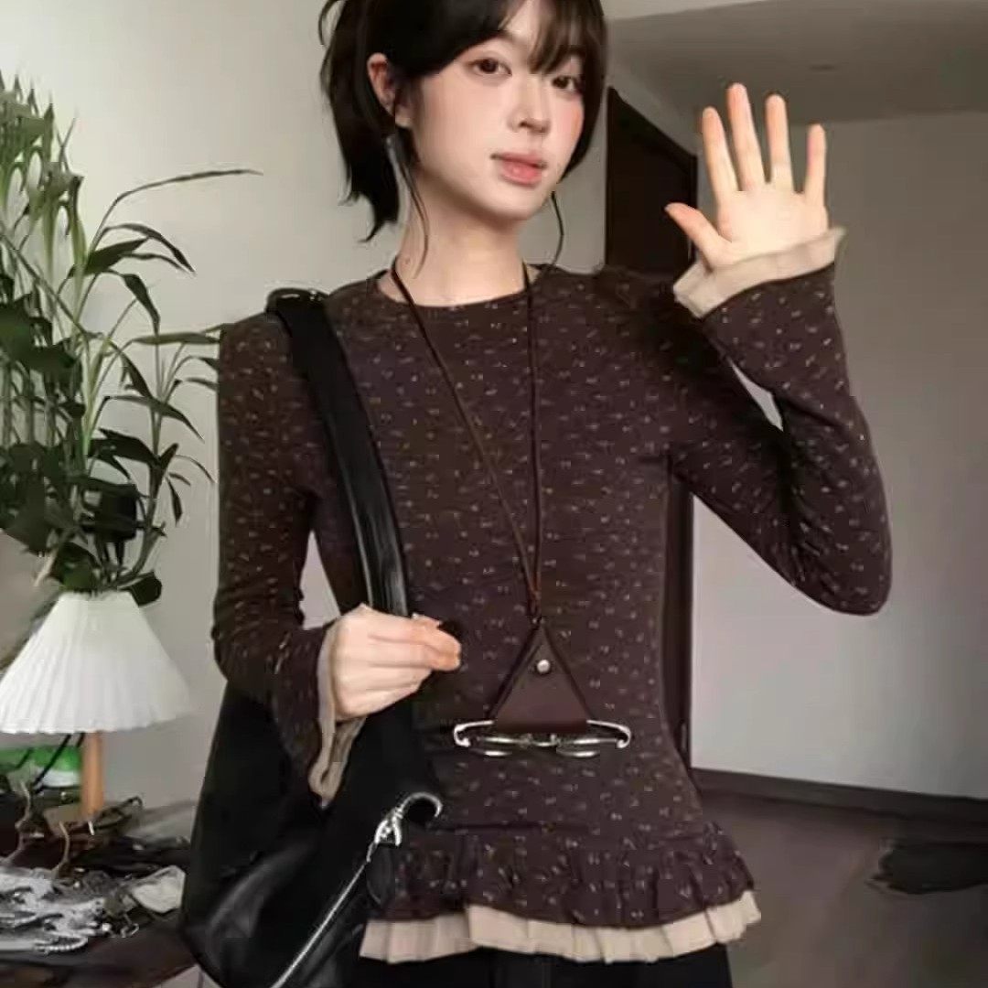 韩系复古碎花打底衫女秋冬内搭修身收腰别致绝美花边下摆长袖上衣,女装/女士精品,T恤,淘宝优惠券,粉丝福利购,淘宝优惠卷