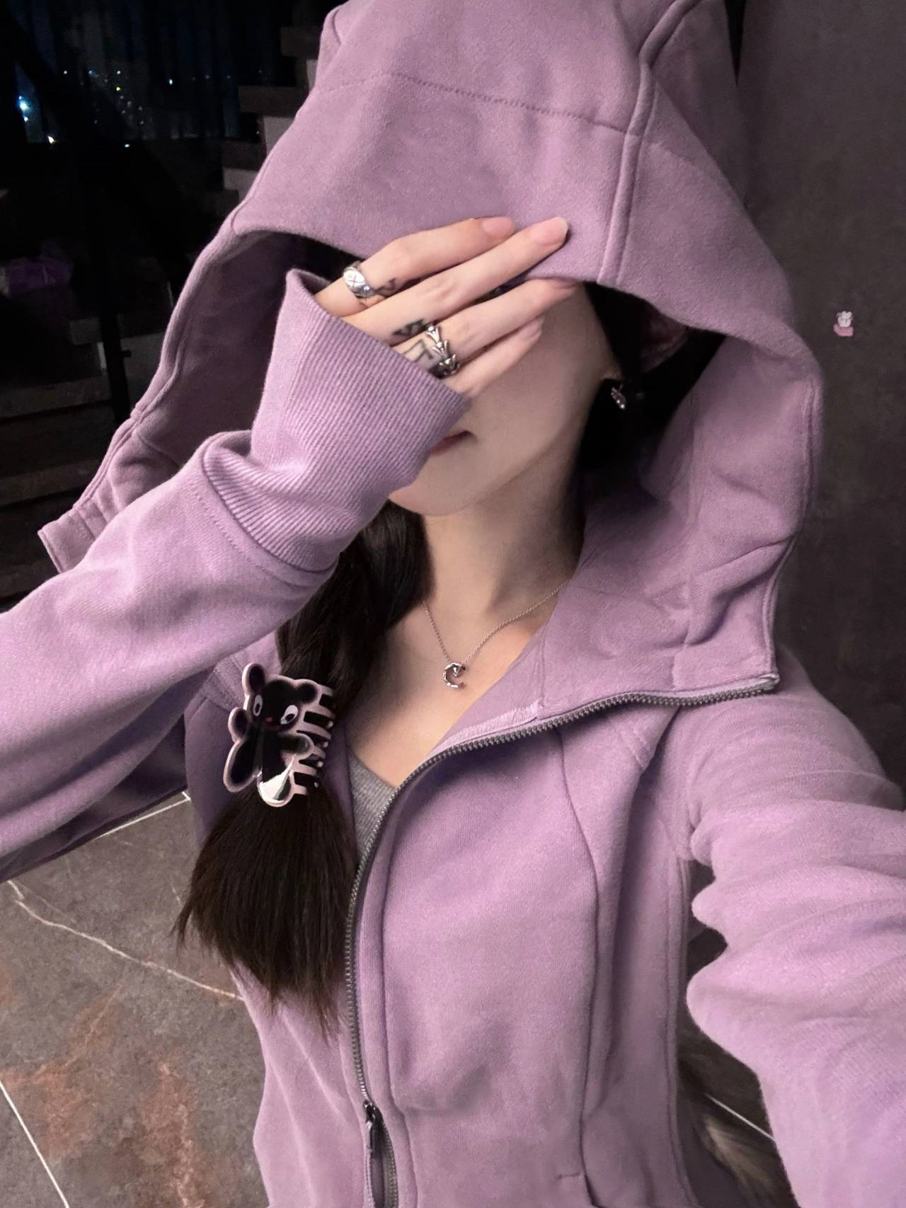 烟雾紫连帽加绒加厚卫衣女秋冬