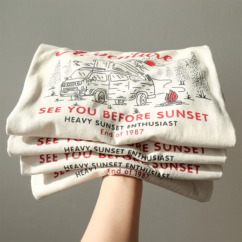 美式古着杏色短袖T恤女夏季宽松