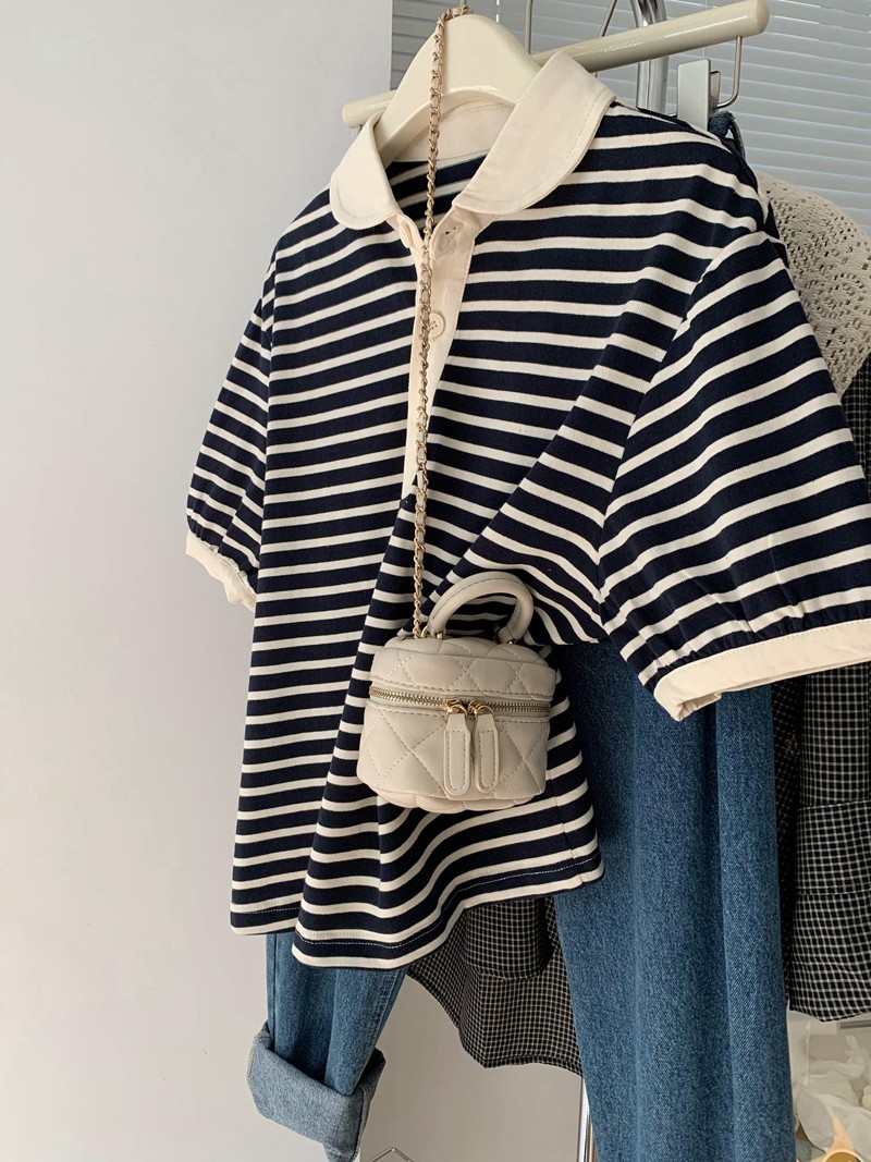 高级感独特别致娃娃领短袖t恤女漂亮条纹小衫时尚减龄polo衫上衣