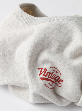 速发复古vitage重花字薄印花圆领卫衣春秋磅灰色母款上衣