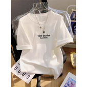 宽松chic港味半袖 纯棉简约字母短袖 爆款 2024新款 上衣服 T恤女夏季