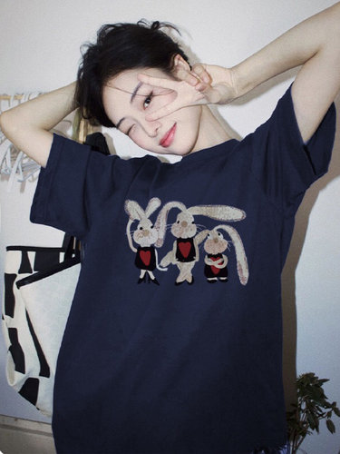 美式复古藏青色纯棉短袖t恤女夏