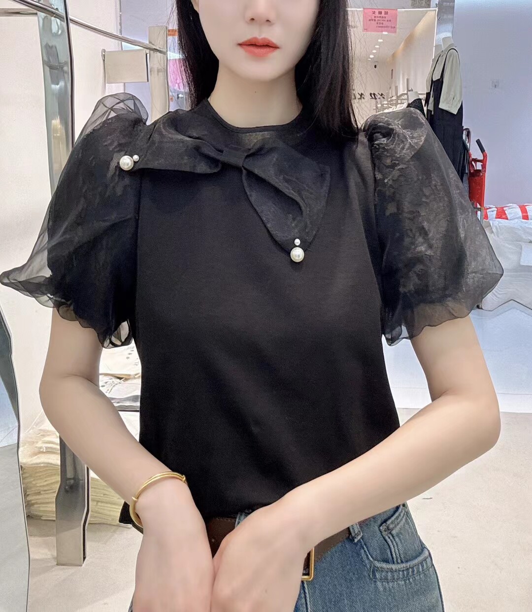 欧洲站2025春装新款韩版时尚圆领短袖蕾丝蝴蝶结钉珠显瘦T恤女