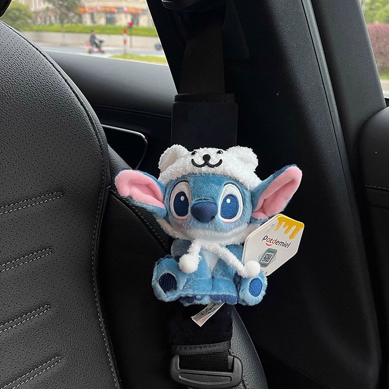 史迪奇粉猪头套正版车载护肩套汽车内饰可爱玩偶安全带装饰送礼物