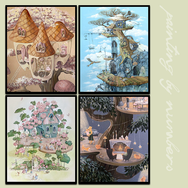 动漫卡通创意梦幻精灵小屋ins插画休闲减压diy数字油画涂鸦装饰画