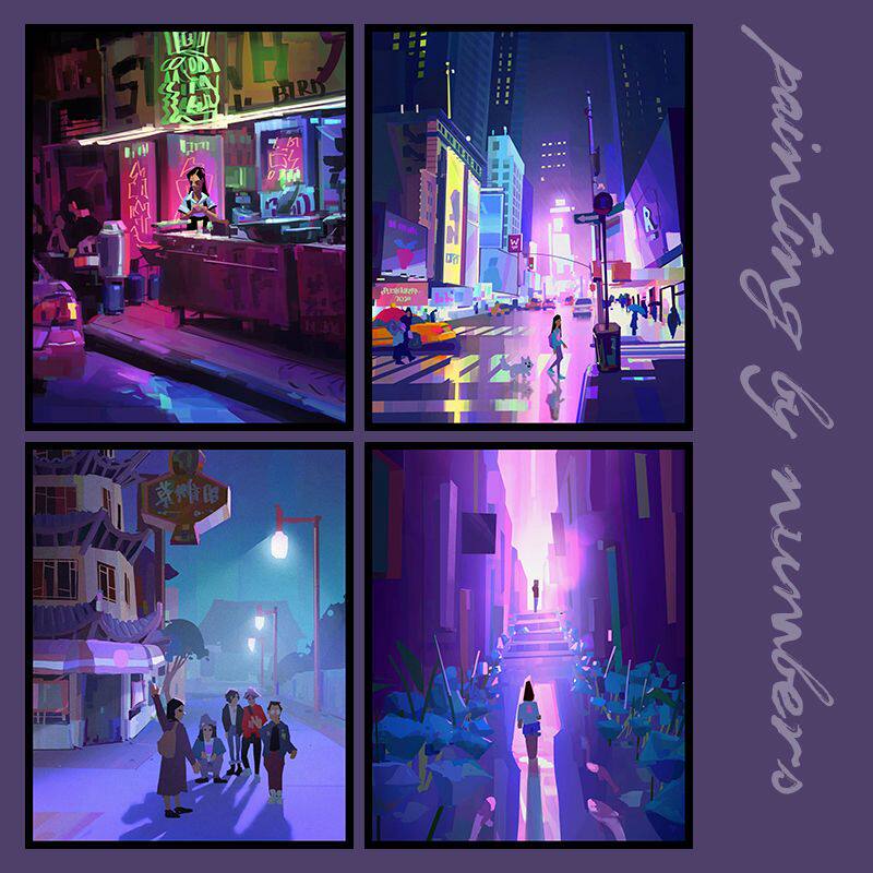 diy数字油画ins城市夜景水彩插画休闲学生手工填色治愈卧室装饰画