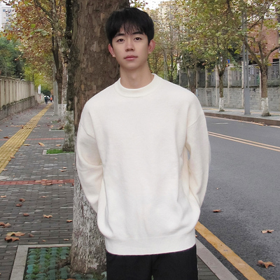 慵懒风加绒加厚圆领毛衣男款秋冬季白色高级感男士内搭针织打底衫