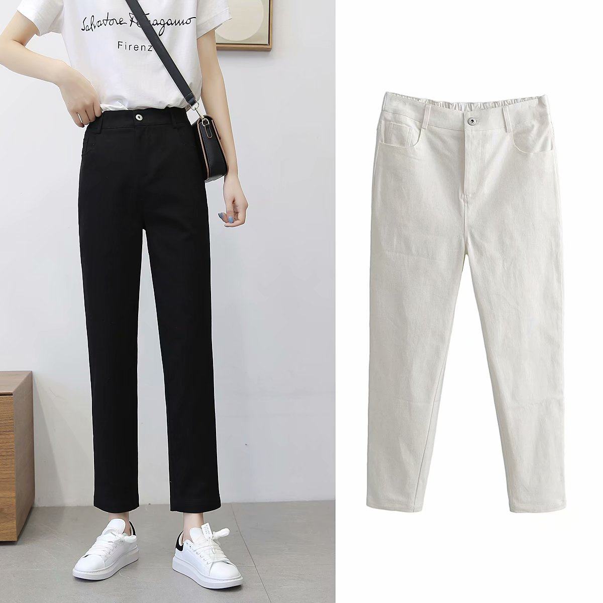 初秋新款 韩版半松紧腰哈伦牛仔棉微弹高腰老爹小脚裤ff821