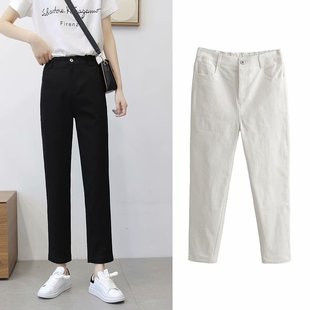 ff821 半松紧腰哈伦牛仔棉微弹高腰老爹小脚裤 初秋新款 韩版