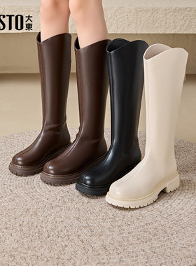 大东骑士靴女鞋2025冬季新款时尚粗跟中跟黑色爆款长筒时装靴0108