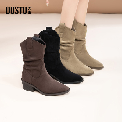 大东时装靴女鞋2025年冬季新款粗跟高跟套脚方头结构变化D0163