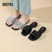 拖鞋 女鞋 2025夏季 大东时装 新款 优雅方跟低跟套脚露趾亮片X1038