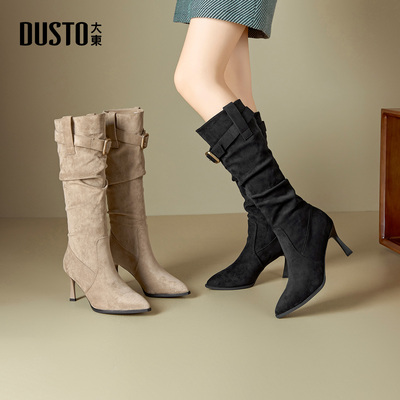 大东长筒靴女鞋2025年冬季新款时尚细跟超高跟套脚尖头光板D0031