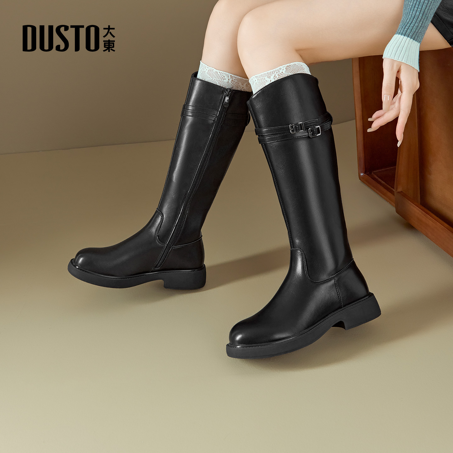 大东骑士靴女鞋2025年冬季新款时尚粗中跟侧拉链圆头美拉德长筒靴