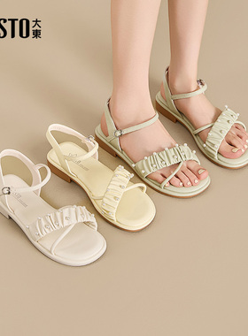 大东一字带凉鞋女鞋2025夏季新款休闲方跟低跟一字扣珍珠X0115