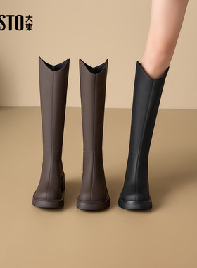 大东骑士靴女鞋2025年冬季新款粗跟高跟黑色长筒靴舒适小V靴D0157
