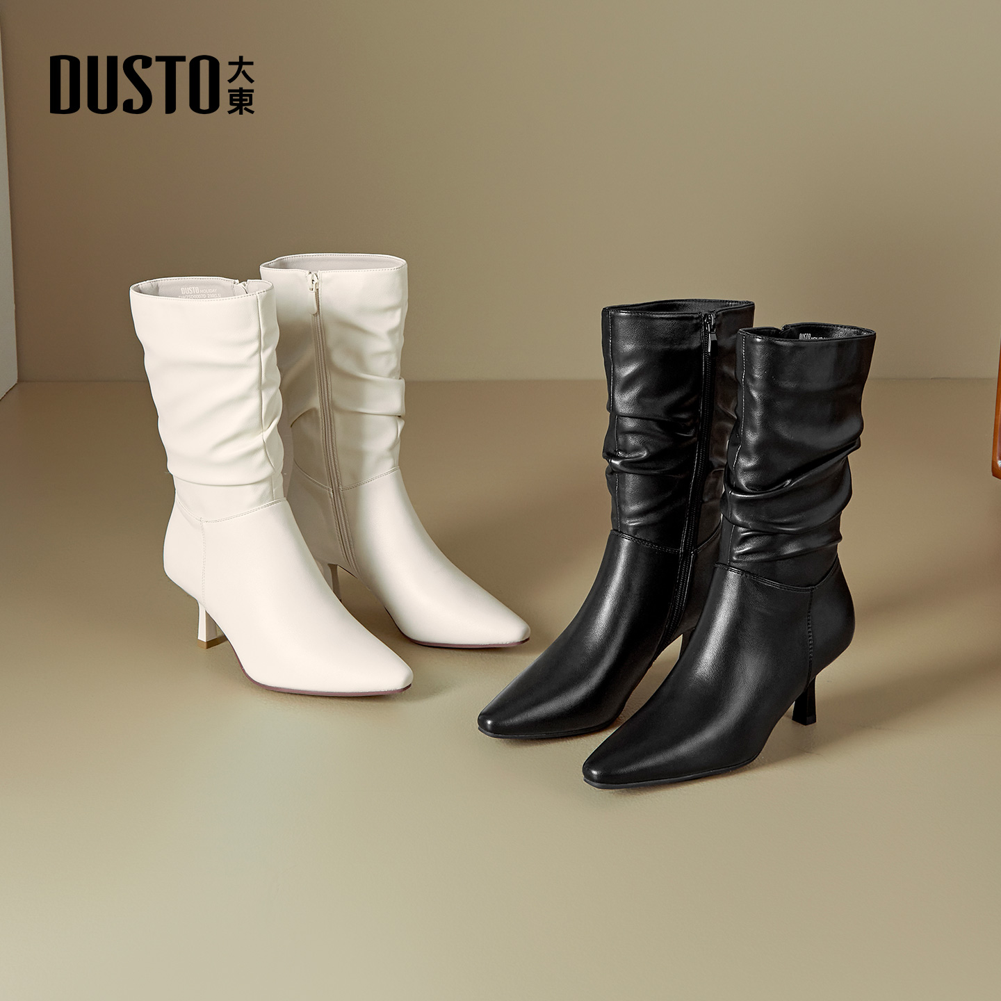 大东时装靴女鞋2025年冬季新款时尚风酒杯跟高跟尖头侧拉链堆堆靴