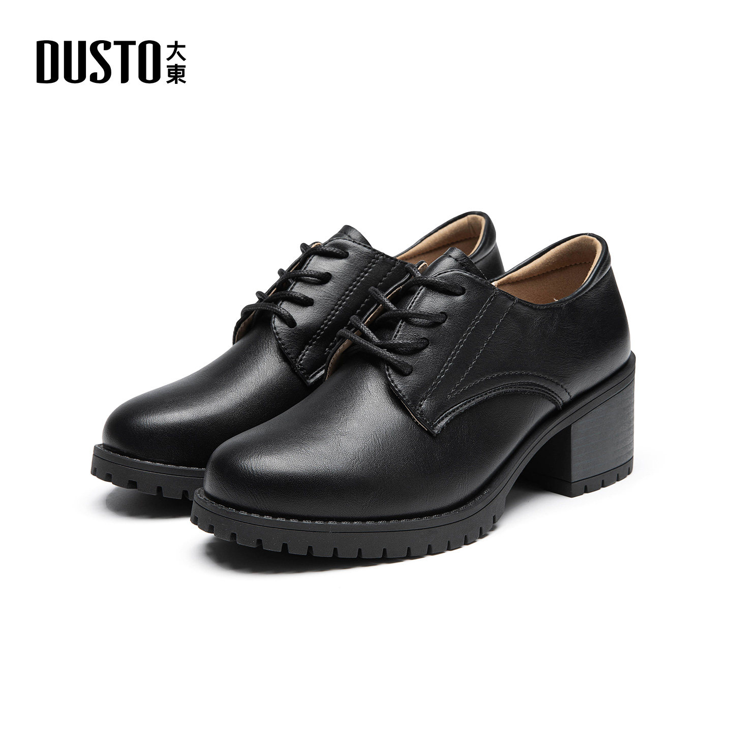 大东S深口鞋2025年冬季女鞋新款粗跟高跟圆头系带乐福鞋1137A