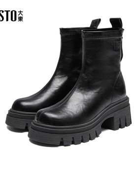 大东S时装靴2025年冬季女鞋新款粗跟高跟圆头后拉链图案1601A