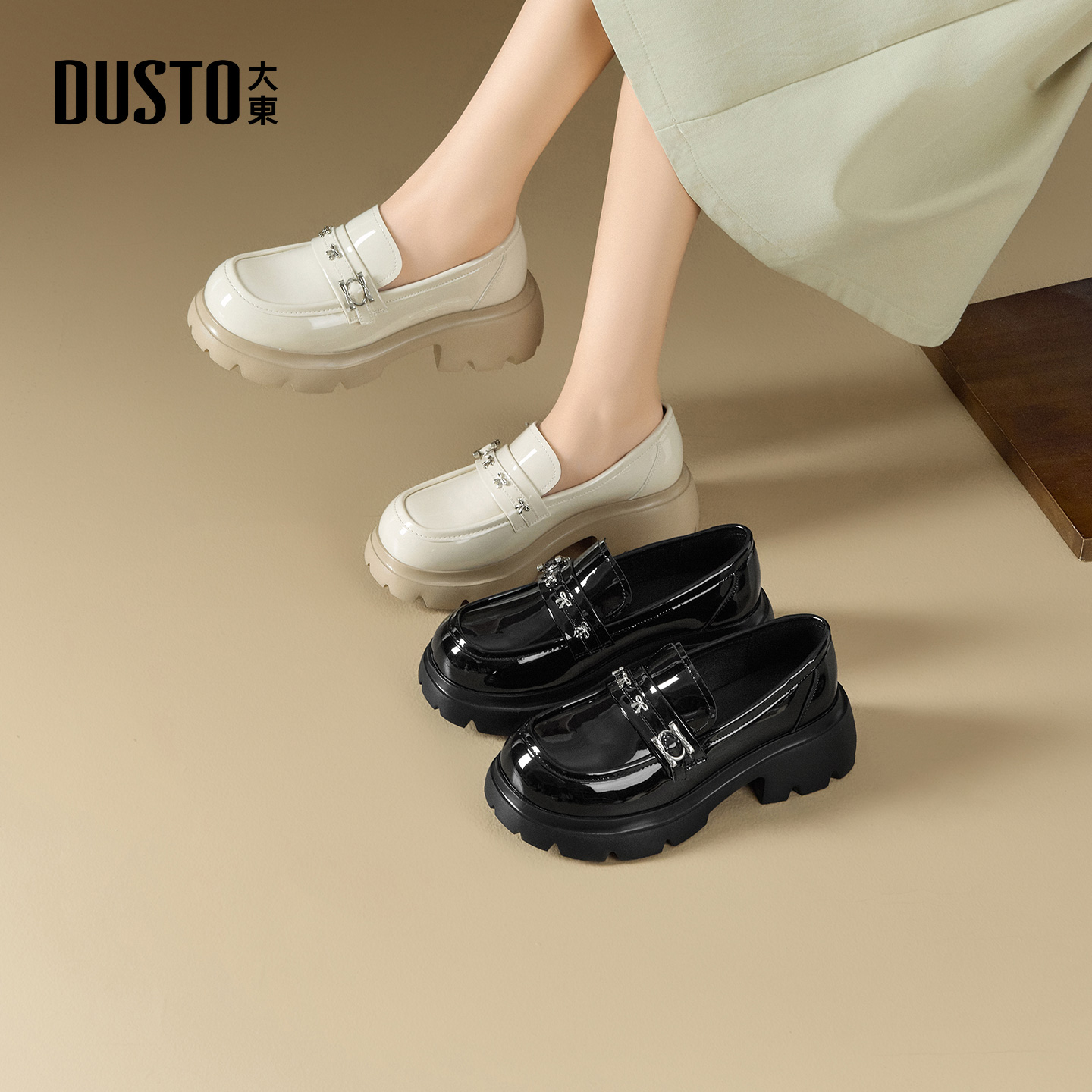 大东乐福鞋女鞋2025秋季新款英伦风高跟粗跟厚底蝴蝶结黑色小皮鞋