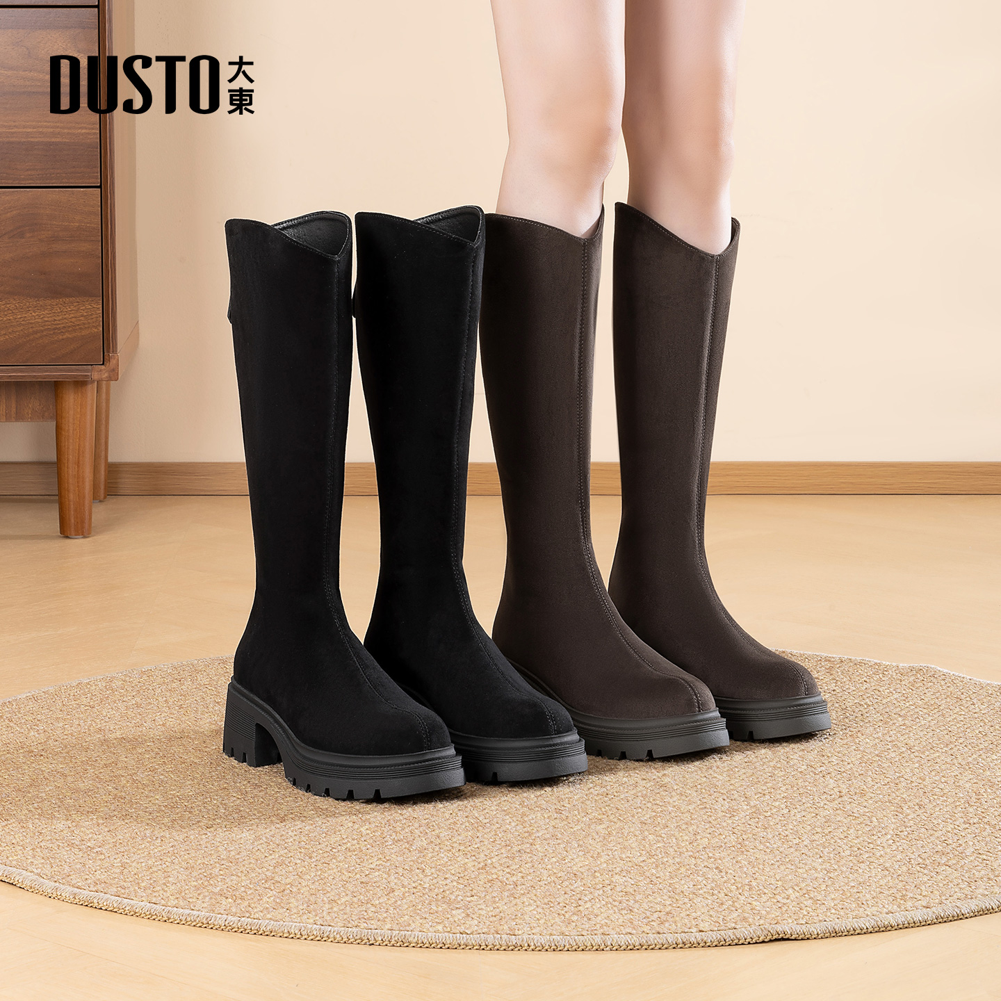 大东骑士靴女鞋2025年冬季新款粗高跟后拉链圆头长筒靴黑色瘦瘦靴