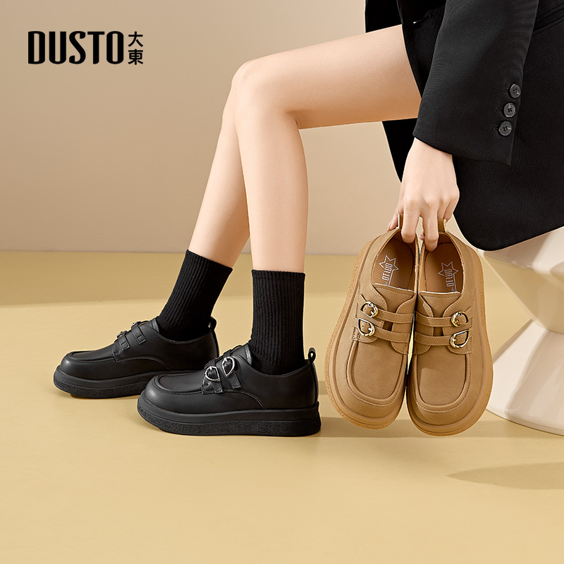 大东乐福鞋女鞋2025秋季新款简约平底中跟一字扣圆头饰扣Q0204