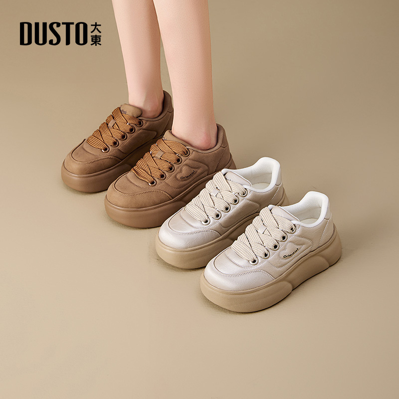 大东小白鞋女鞋2025秋季新款休闲平底高跟系带圆头材质拼贴Q1309