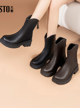 大东时装靴2025年冬季新款女鞋简约粗跟中跟后拉链圆头002187