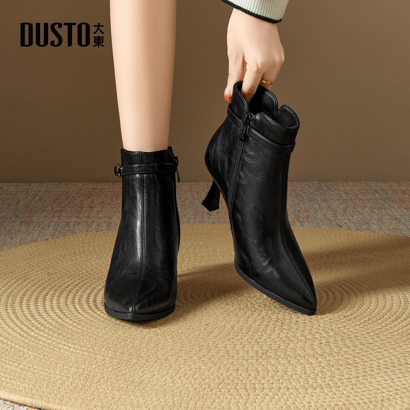 大东dd尖头短靴女2025秋季新款单靴高跟瘦瘦靴女鞋妈妈鞋通勤皮鞋