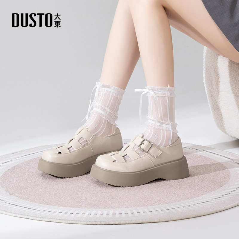 大东罗马凉鞋女鞋2025夏季新款休闲平底高跟圆头魔术贴透气