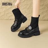 秋冬季 小皮鞋 袜靴加绒短靴D0178 女2025新款 大东厚底乐福鞋