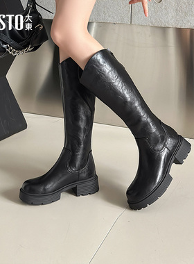 大东骑士靴女鞋2025冬季新款时尚休闲后拉链中跟粗跟圆头D0707