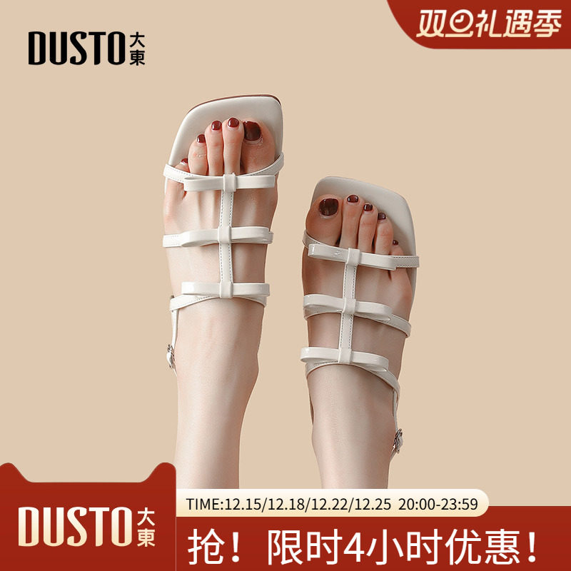 大东罗马凉鞋女鞋2025秋季新款甜美风中跟粗跟一字扣蝴蝶结0001