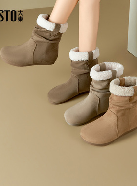 大东雪地靴2025年冬季女鞋新款平底低跟套脚圆头材质拼贴000220C