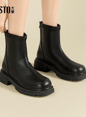 大东时装靴女鞋2025冬季新款时尚休闲粗跟中跟后拉链圆头D0136