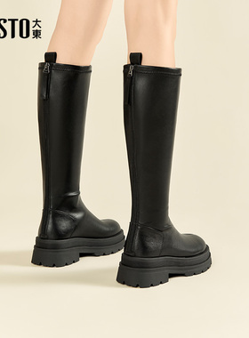 大东骑士靴女鞋2025冬季新款帅气潮流高跟圆头粗跟A0119