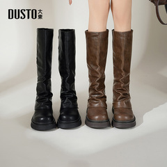 大东骑士靴女鞋2025冬季新款时尚休闲优雅套筒中跟粗跟圆头D0180