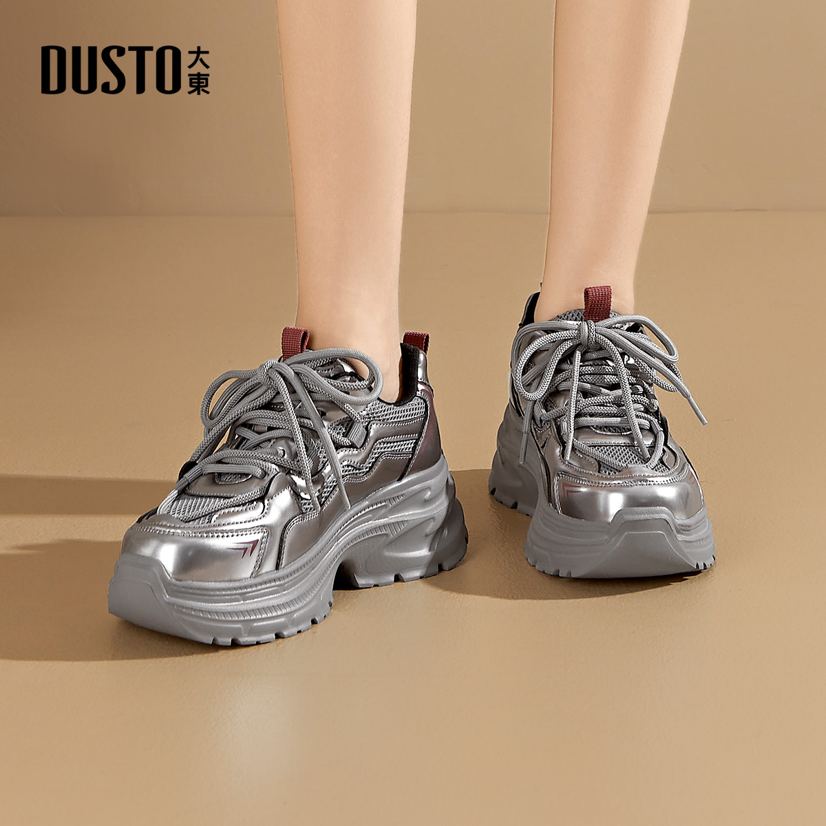 大东老爹鞋女鞋2025秋季新款休闲平底高跟系带圆头材质拼贴1313