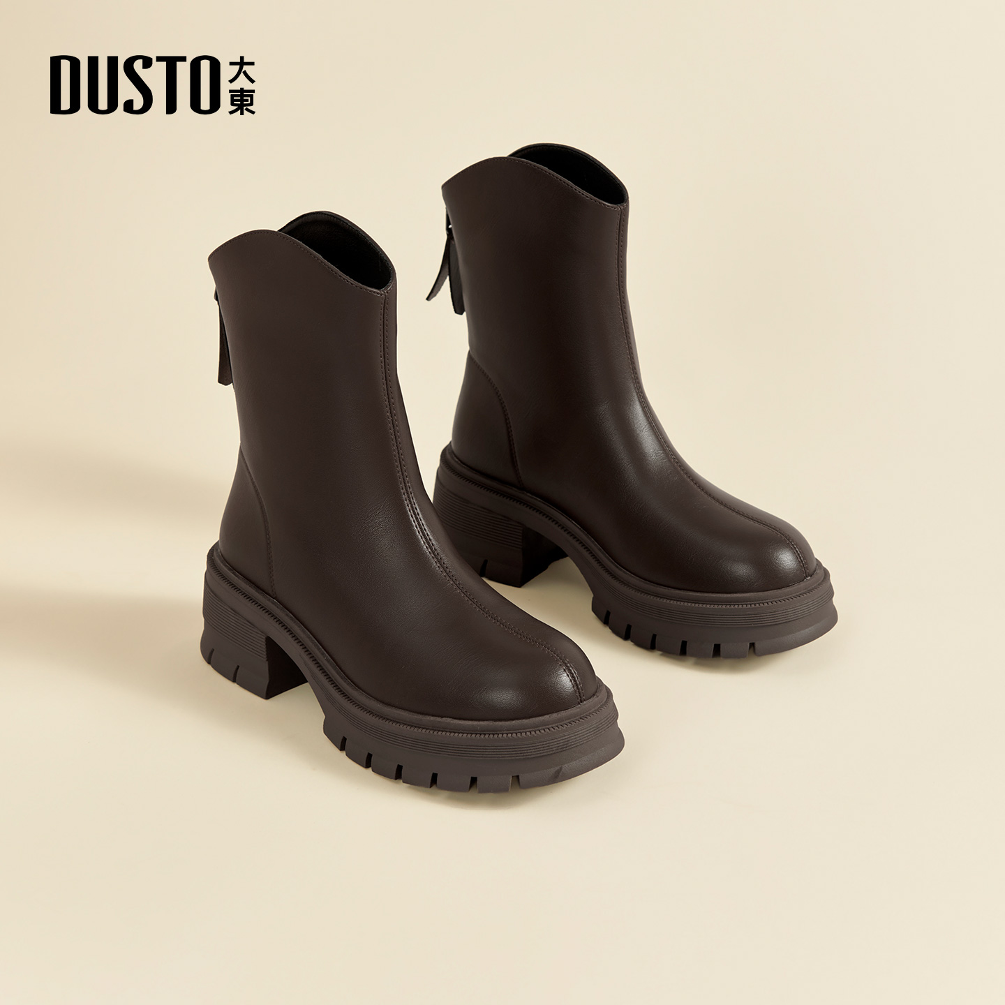 时装靴时尚休闲后拉链粗跟