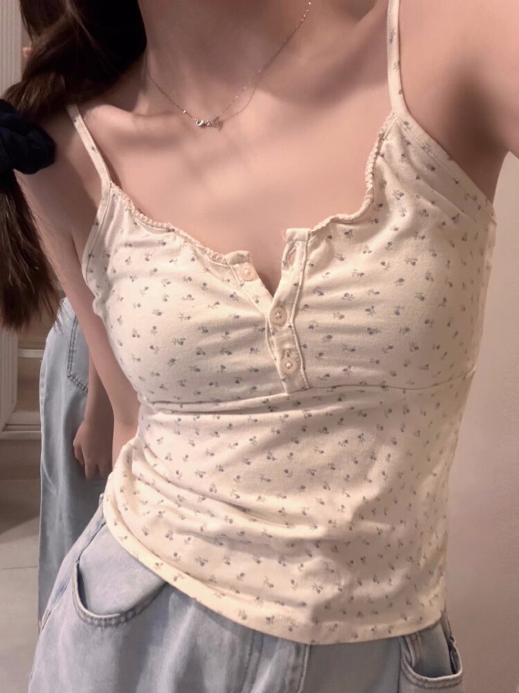 BM 스타일 꽃 작은 슬링 여성 여름 순수한 정욕 스타일 슬림 짧은 조끼 디자인 민소매 핫 소녀 탑