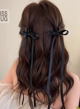 迪丽热巴同款飘带蝴蝶结发夹高级感黑色小抓夹女甜美少女丝带对夹