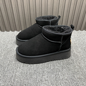 加绒加厚保暖黑色套脚休闲棉鞋 38码 处理清仓真皮厚底雪地靴女冬季