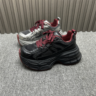 女街拍复古运动潮鞋 真皮网布6厘米厚底增高老爹鞋 新款 2025年春季