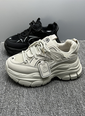 撤柜处理老爹鞋女2024春季新款黑色真皮网布简约街拍时尚运动潮鞋