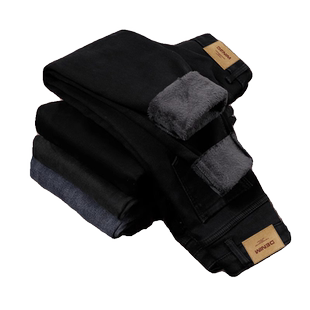 拉夏贝尔加绒加厚黑色牛仔裤女2025冬季新款高腰修身紧身小脚裤子