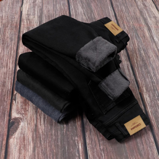 紧身小脚裤 拉夏贝尔加绒加厚黑色牛仔裤 高腰修身 新款 子 女2025冬季