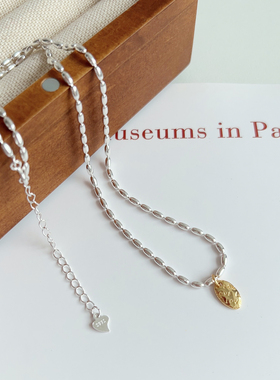 项链通体S925纯银橄榄珠金银撞色