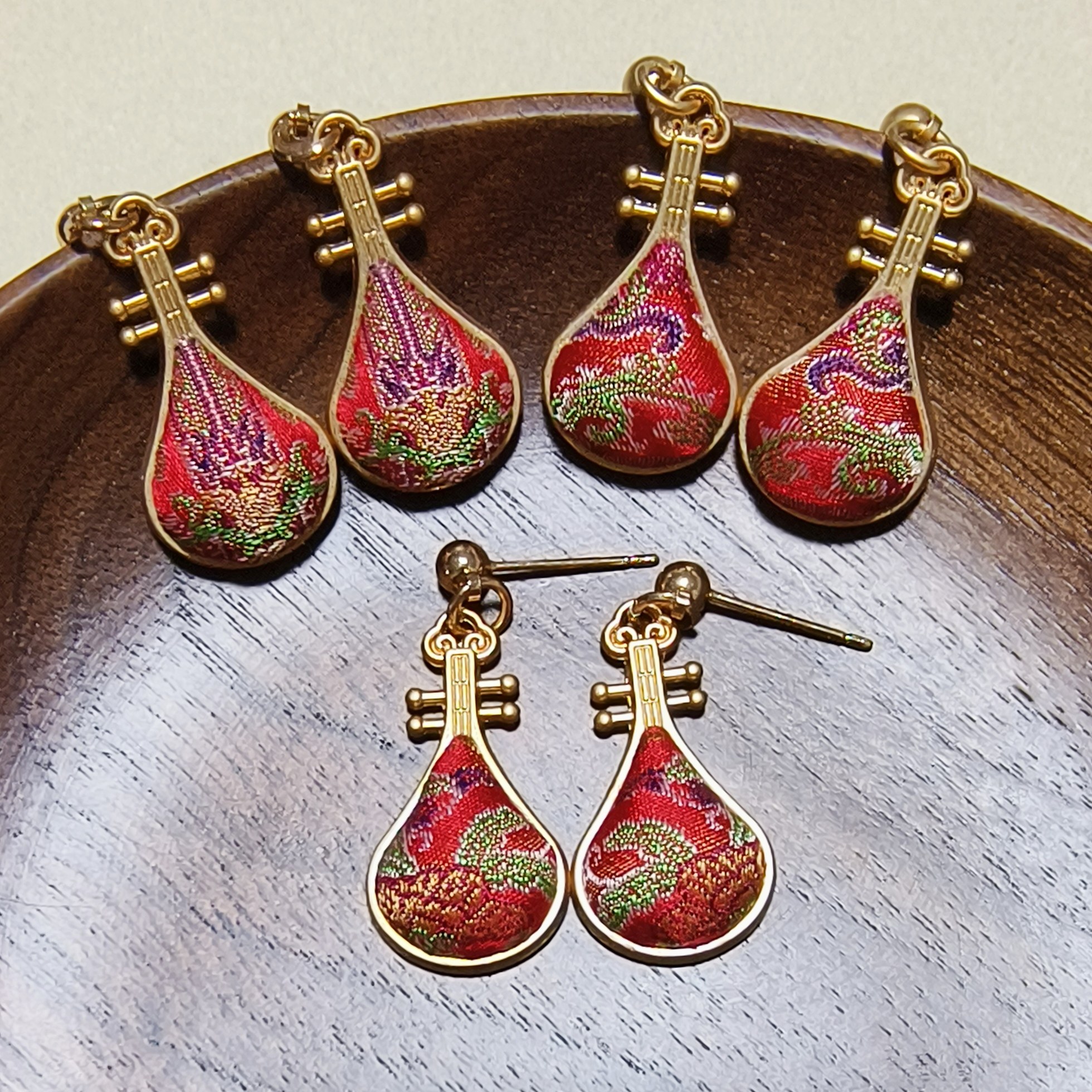 宋锦八达晕耳环琵琶耳坠100桑蚕丝925银耳针新中式国风红色古风